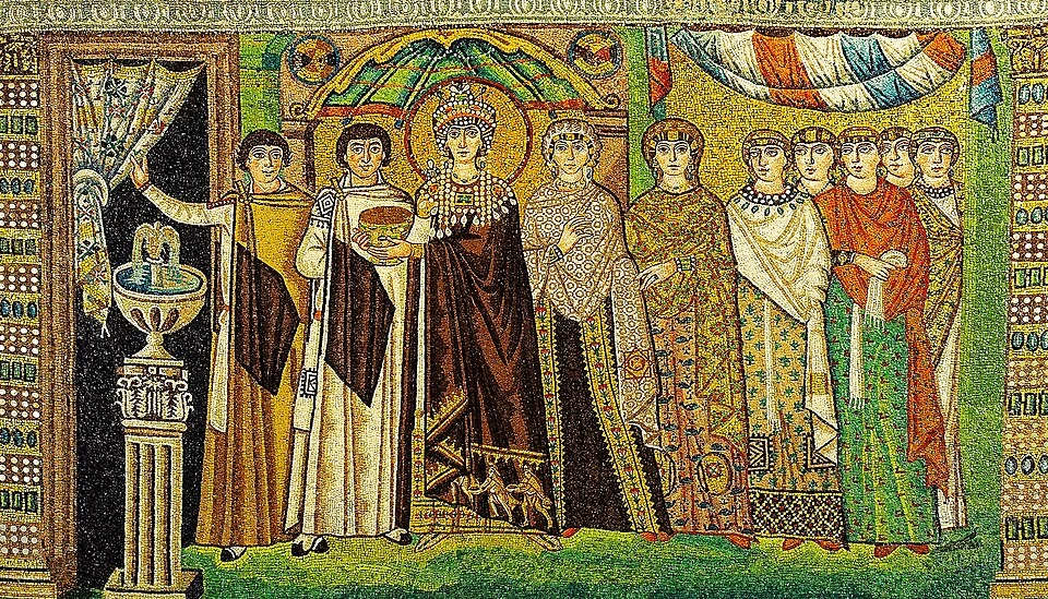 The mosaic of Empress Theodora and her attendants in the Basilica of San Vitale, Ravenna, showing her in a jeweled crown and long pearl pendants