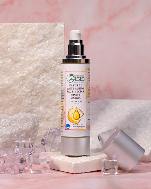 Natural Anti-Aging Nourishing Night Cream with Multi-Molecular Hyaluronic Acid, 6-Phosphate Complex, Spilanthol, Rosehip Oil, Argan Oil, and Sea Buckthorn Oil for overnight skin renewal and visible wrinkle reduction.