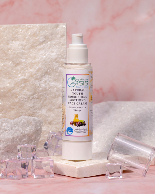 Natural Youth Nourishing Face Cream with Shea Butter, Aloe Vera, Grapeseed Oil, Avocado Oil, Rose Floral Water, and Banana Extract for lightweight daily hydration.