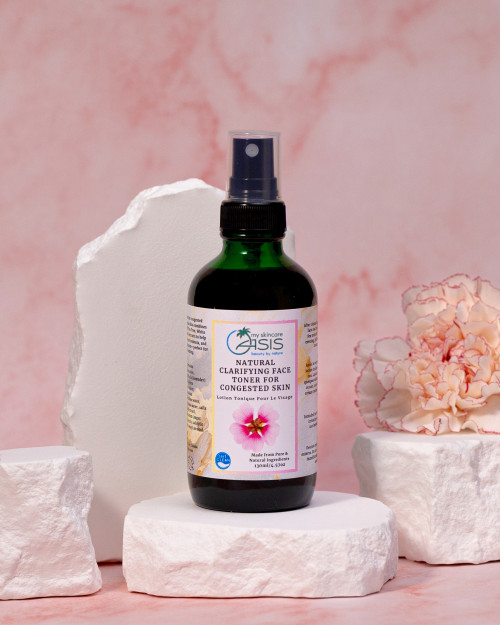 Clarifying Face Toner for Blemish Prone Skin with Witch Hazel, Neem, Tea Tree, Lemongrass, White Willow, and Sugarcane Extract to balance oil, refine pores, and refresh acne-prone skin.
