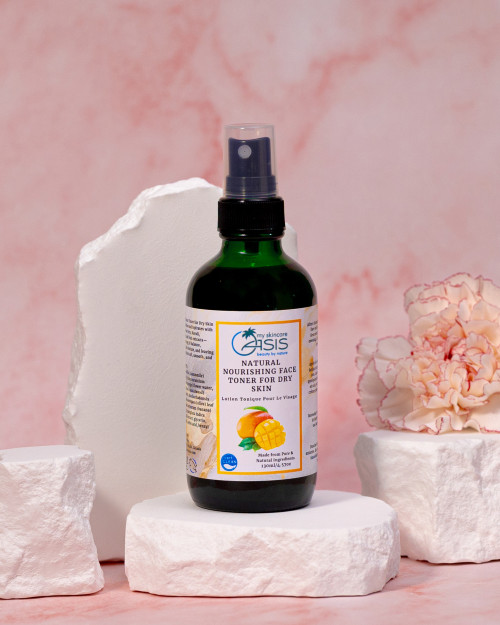 Natural Face Toner for Dry Skin with Aloe Vera, Chamomile, Sandalwood, Neroli, Olive Leaf, Banana, and Mango Extract to deeply hydrate, soften, and nourish dry, dehydrated skin.