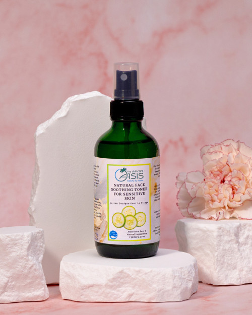 Natural Face Toner for Sensitive Skin with Rose Water, Chamomile, Helichrysum, Aloe Vera, Cucumber Extract, and Allantoin to soothe redness, hydrate, and calm sensitive skin.