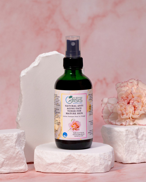 Natural Anti Aging Face Toner with Rose Floral Water, Aloe Vera, Helichrysum, Green Tea, and Rosehip Extract to hydrate, refresh, and prepare mature skin for anti-aging skincare.
