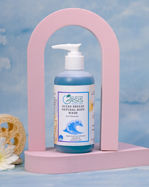 Natural Ocean Breeze Body Wash with gentle plant-based cleansers, Glycerin, Sunflower Oil, and Coconut Oil for soft hydrated skin