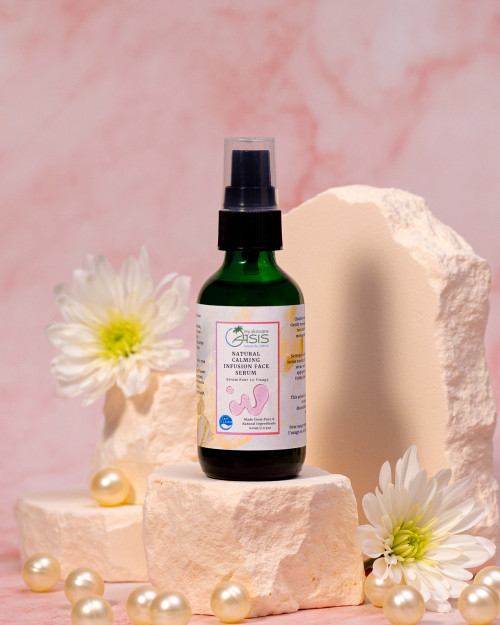Natural Calming Infusion Face Serum with Niacinamide, Hyaluronic Acid, Rose Water, Witch Hazel, and Neroli Water for rosacea-prone, sensitive, and redness-prone skin.