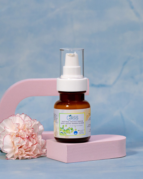 Natural Anti-Aging Hands Elixir with Niacinamide, Hyaluronic Acid, Rosehip Oil, Coenzyme Q10, and botanical floral waters for smoother, hydrated, youthful-looking hands
