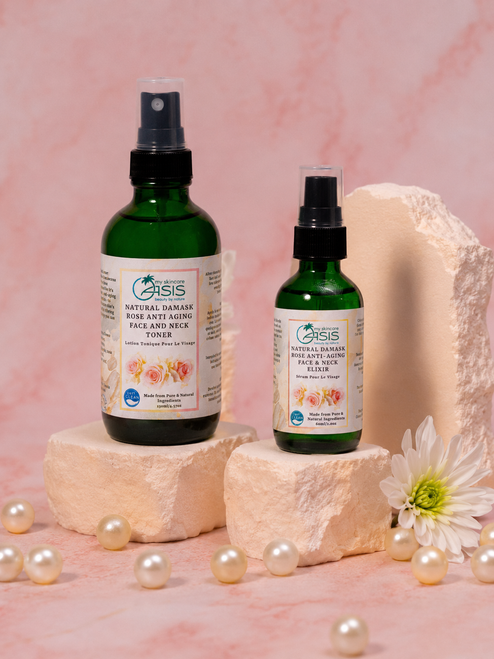 Damask Rose Luxurious Face Care Duo featuring Macadamia & Moringa Facial Serum and Damask Rose Botanical Toner with Organic Damask Rose Essential Oil for hydrated, radiant skin.
