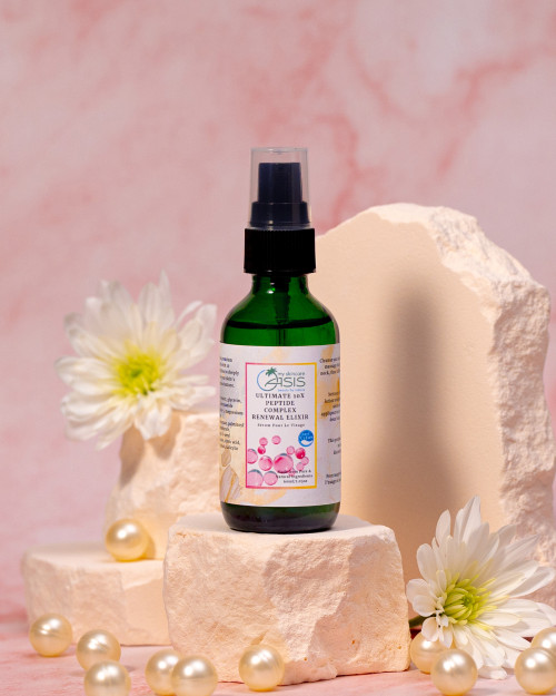 Natural 10X Peptide Complex Renewal Elixir with 10 anti-aging peptides, hyaluronic acid, and rose floral water for wrinkles, skin firming, collagen support, and mature skin.
