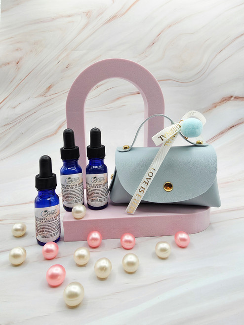 Blue Purse with Natural Anti-Aging Face Serums Trio