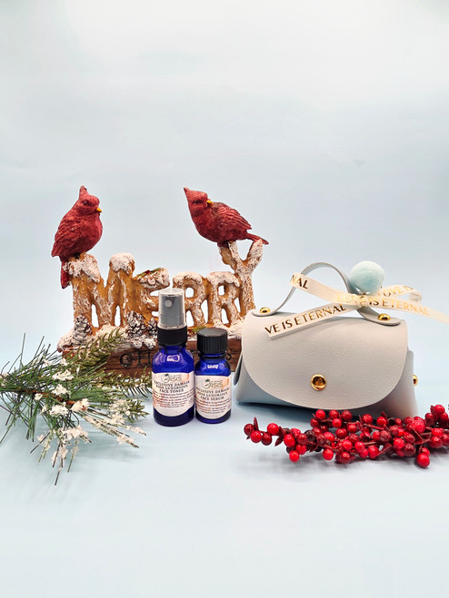 Blue Purse with Natural Damask Rose Toner & Serum Duo