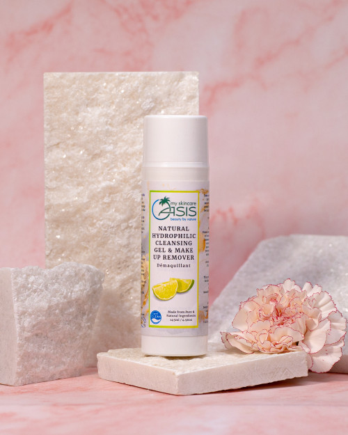 Natural Hydrophilic Cleansing Gel with Avocado, Sweet Almond, Apricot, Sunflower, and Sea Buckthorn Oils to gently remove makeup, sunscreen, and impurities.