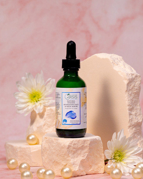 Natural Intense Hydration Face Serum with Hyaluronic Acid, Squalane, Niacinamide, Rosehip Oil, Coenzyme Q10, and botanical floral waters for deep hydration, anti-aging, and smoother, firmer skin.