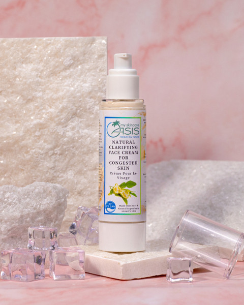 Natural Clarifying Face Cream for oily and acne-prone skin with Niacinamide, Zinc PCA, Neem Floral Water, Licorice Root Extract, and Tea Tree Oil to help reduce blemishes and balance excess oil.