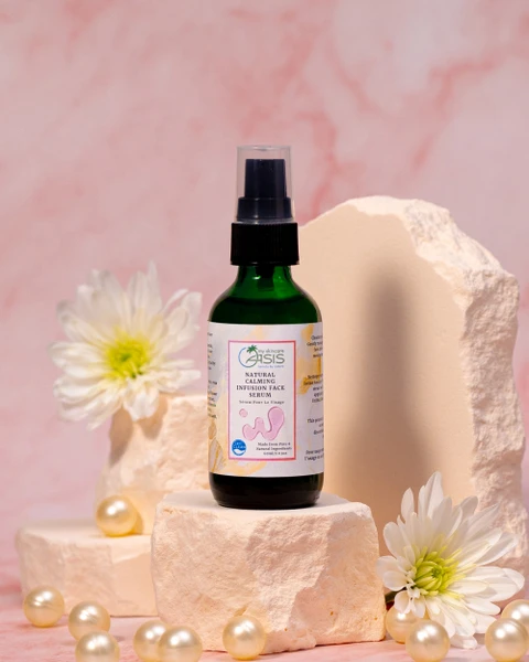 Natural Calming Infusion Face Serum with Niacinamide, Hyaluronic Acid, Rose Water, Witch Hazel, and Neroli Water for rosacea-prone, sensitive, and redness-prone skin.