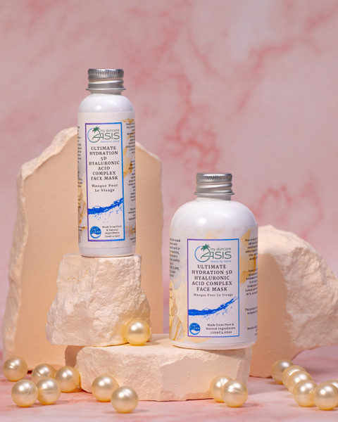 Natural 5D Hyaluronic Acid Face Mask with five molecular sizes of hyaluronic acid for deep hydration, plumper skin, improved elasticity, and anti-aging skincare.