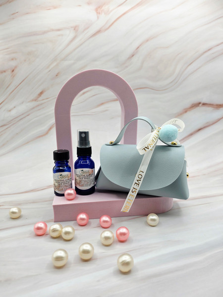 Blue Purse with Natural Damask Rose Toner & Serum Duo