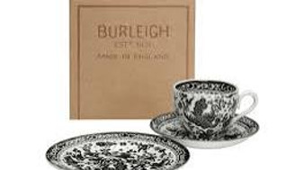 Burleigh Black Regal Peacock Cup, Saucer, Plate