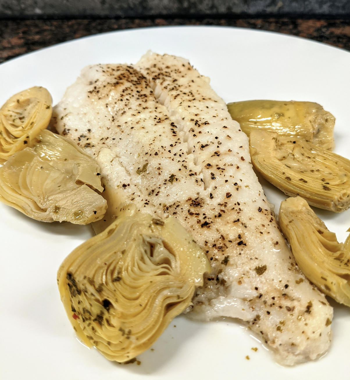 Garlic Parmesan & Pepper Halibut with Artichoke Hearts!