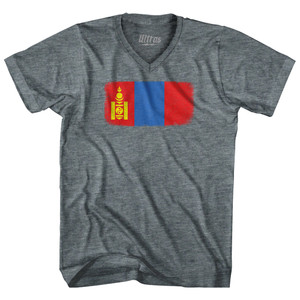 Mongolia Country Flag Adult Tri-Blend V-neck T-shirt - Athletic Grey Mongolia Country Flag Adult Tri-Blend V-neck T-shirt - Athletic Grey