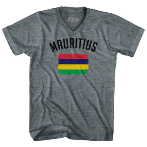 Mauritius Country Flag Heritage Tri-Blend V-neck Womens Junior Cut T-shirt - Athletic Grey