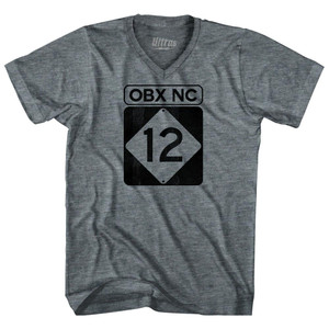 North Carolina Outer Banks Road Sign Obx Nc 12 Tri-Blend V-Neck Womens Junior Cut T-Shirt - Athletic Grey North Carolina Outer Banks Road Sign Obx Nc 12 Tri-Blend V-Neck Womens Junior Cut T-Shirt - Athletic Grey
