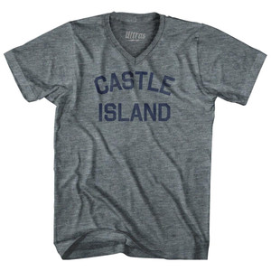 Massachusetts Castle Island Adult Tri-Blend V-neck Vintage T-shirt - Athletic Grey
