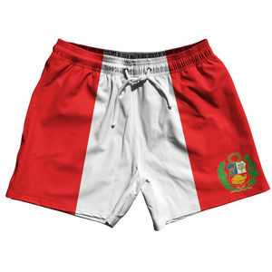 Peru Country Flag 5" Swim Shorts Made in USA - Red White Peru Country Flag 5" Swim Shorts Made in USA - Red White