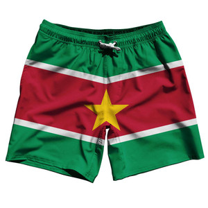 Suriname Country Flag 7.5" Swim Shorts Made in USA - Green Red Suriname Country Flag 7.5" Swim Shorts Made in USA - Green Red
