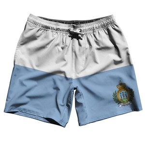San Marino Country Flag 7.5" Swim Shorts Made in USA - White Blue San Marino Country Flag 7.5" Swim Shorts Made in USA - White Blue