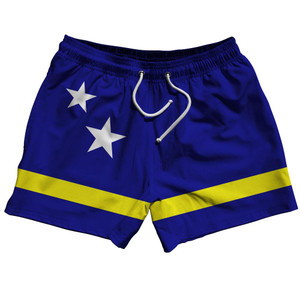 Curacao Country Flag 5" Swim Shorts Made in USA - Blue Yellow Curacao Country Flag 5" Swim Shorts Made in USA - Blue Yellow
