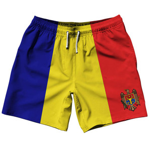 Moldova Country Flag 7.5" Swim Shorts Made in USA - Blue Yellow Red Moldova Country Flag 7.5" Swim Shorts Made in USA - Blue Yellow Red