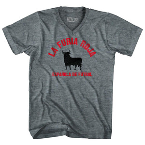Spain La Furia Roja Bull Adult Tri-Blend V-neck Soccer T-shirt - Athletic Grey Spain La Furia Roja Bull Adult Tri-Blend V-neck Soccer T-shirt - Athletic Grey
