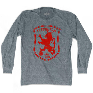 Spain Espana La Furia Roja Lion Adult Tri-Blend Long Sleeve Soccer T-shirt - Athletic Grey Spain Espana La Furia Roja Lion Adult Tri-Blend Long Sleeve Soccer T-shirt - Athletic Grey