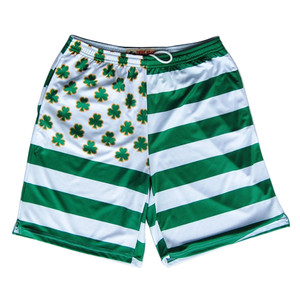 Ireland Clover Shamrock American Flag Inspired Lacrosse Shorts Made in USA - White Green Ireland Clover Shamrock American Flag Inspired Lacrosse Shorts Made in USA - White Green