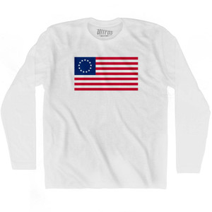 Betsy Ross American Flag Adult Cotton Long Sleeve Soccer T-shirt - White Betsy Ross American Flag Adult Cotton Long Sleeve Soccer T-shirt - White