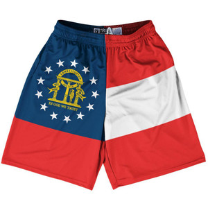 Georgia State Flag 9" Inseam Lacrosse Shorts Made in USA - Blue White Red Georgia State Flag 9" Inseam Lacrosse Shorts Made in USA - Blue White Red