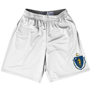 Massachusetts State Flag 9" Inseam Lacrosse Shorts Made In USA - White Massachusetts State Flag 9" Inseam Lacrosse Shorts Made In USA - White