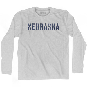 Nebraska State Stencil Adult Cotton Long Sleeve T-Shirt - Grey Heather