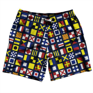 Nautical Sailing Flags Swim Shorts 7" Made in USA - Navy