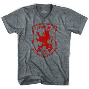 Spain Espana La Furia Roja Lion Adult Tri-Blend V-neck Womens Soccer Junior Cut T-shirt - Athletic Grey Spain Espana La Furia Roja Lion Adult Tri-Blend V-neck Womens Soccer Junior Cut T-shirt - Athletic Grey