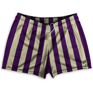 Medium Purple & Vegas Gold Vertical Stripe Shorty Short Gym Shorts 2.5" Inseam Made In USA by Ultras Medium Purple & Vegas Gold Vertical Stripe Shorty Short Gym Shorts 2.5" Inseam Made In USA by Ultras