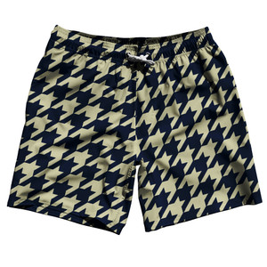Blue Navy And Vegas Gold Houndstooth Swim Shorts 7" Made In USA - Blue Navy And Vegas Gold Blue Navy And Vegas Gold Houndstooth Swim Shorts 7" Made In USA - Blue Navy And Vegas Gold