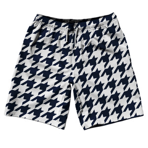 Blue Navy And White Houndstooth 10" Swim Shorts Made In USA - Blue Navy And White Blue Navy And White Houndstooth 10" Swim Shorts Made In USA - Blue Navy And White