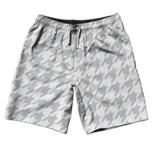 Grey Medium And White Houndstooth 10" Swim Shorts Made In USA - Grey Medium And White Grey Medium And White Houndstooth 10" Swim Shorts Made In USA - Grey Medium And White