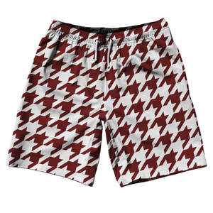 Red Maroon And White Houndstooth 10" Swim Shorts Made In USA - Red Maroon And White Red Maroon And White Houndstooth 10" Swim Shorts Made In USA - Red Maroon And White