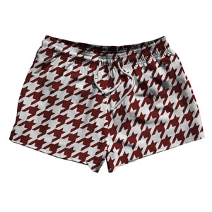 Red Maroon And White Houndstooth 2.5" Swim Shorts Made In USA - Red Maroon And White Red Maroon And White Houndstooth 2.5" Swim Shorts Made In USA - Red Maroon And White