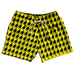 Yellow Bright And Black Houndstooth 5" Swim Shorts Made In USA - Yellow Bright And Black Yellow Bright And Black Houndstooth 5" Swim Shorts Made In USA - Yellow Bright And Black