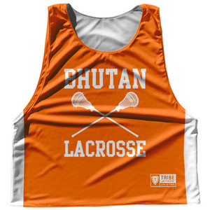 Bhutan Country Nations Crossed Sticks Reversible Lacrosse Pinnie Made In USA - Orange & White