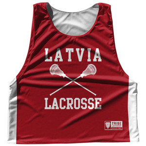 Latvia Country Nations Crossed Sticks Reversible Lacrosse Pinnie Made In USA - Red & White
