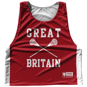 Great Britain Country Nations Crossed Sticks Reversible Lacrosse Pinnie Made In USA - Red & White
